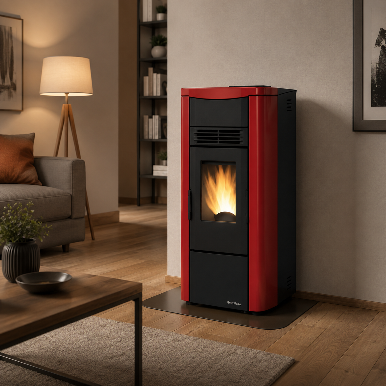 Stufa a pellet canalizzata Extraflame Nordica GIUSY PLUS 5.0 bordeaux da 7,5 kW, ambientata in un soggiorno moderno e accogliente, con fiamma a vista e rivestimento rosso.