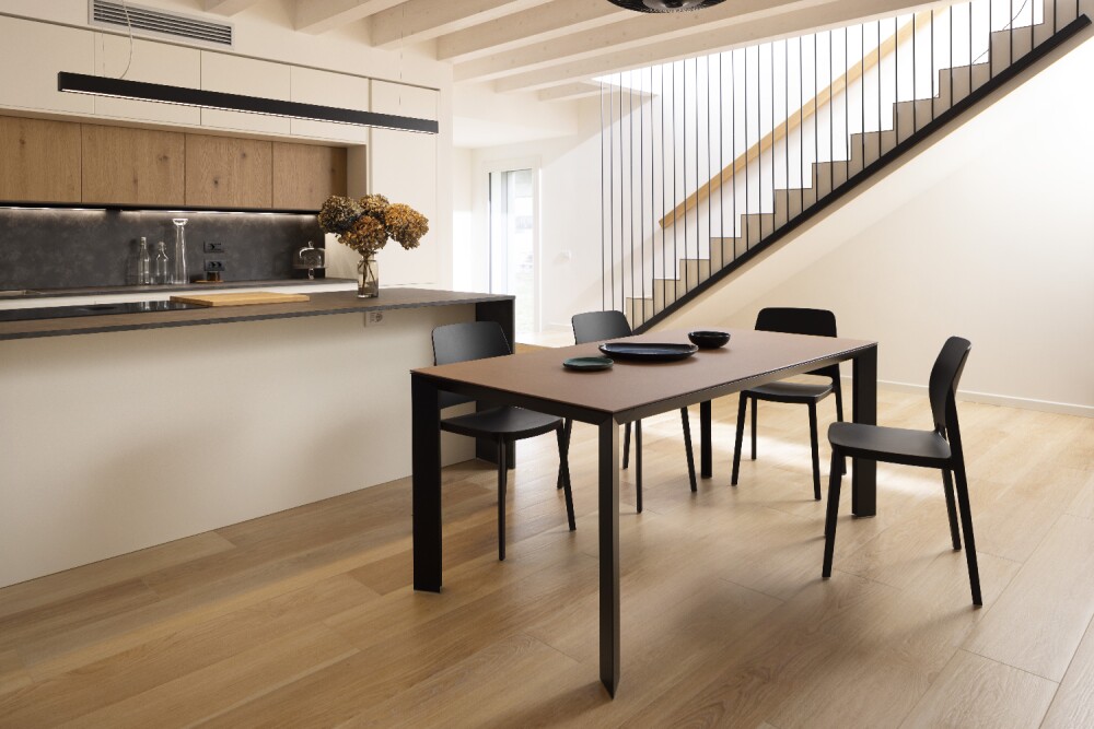 pointhouse best-selling tables - DIAMANTE - Fixed, extendable or snack table, with metal frame and laminate, glass, wood, fenix or ceramic top