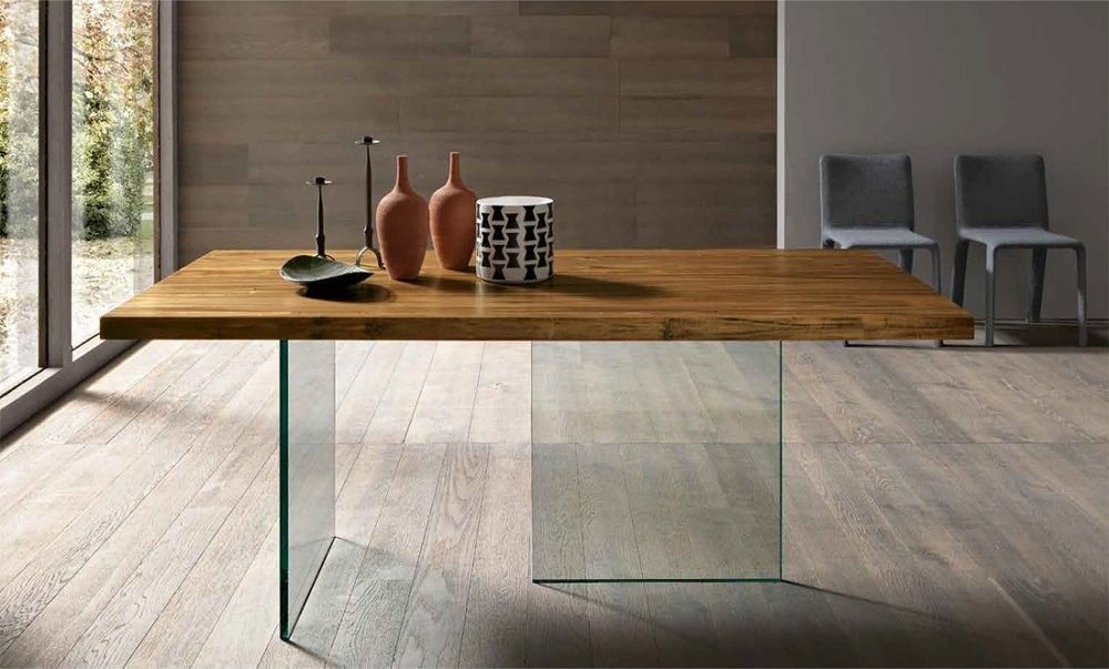 Tavoli più venduti - GHOST - Tavolo fisso o allungabile, con gambe in vetro, piano in legno massello e allunga con gambe o a baionetta