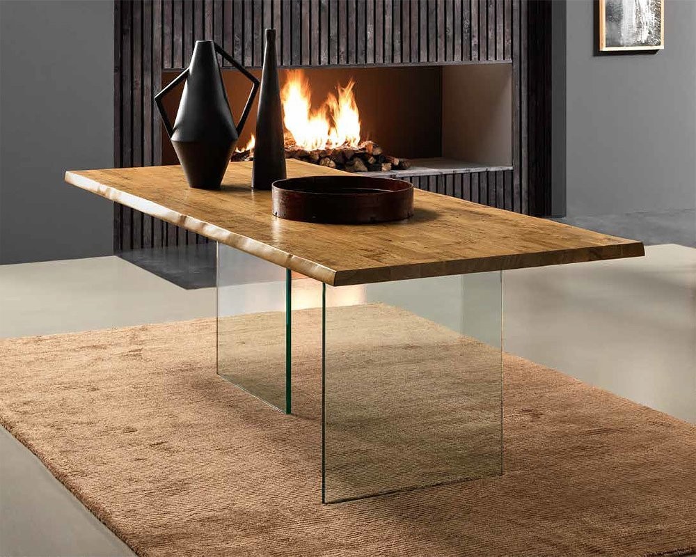 best-selling tables - GHOST - Fixed or extendable table with glass legs, solid wood top, and extension with legs or bayonet