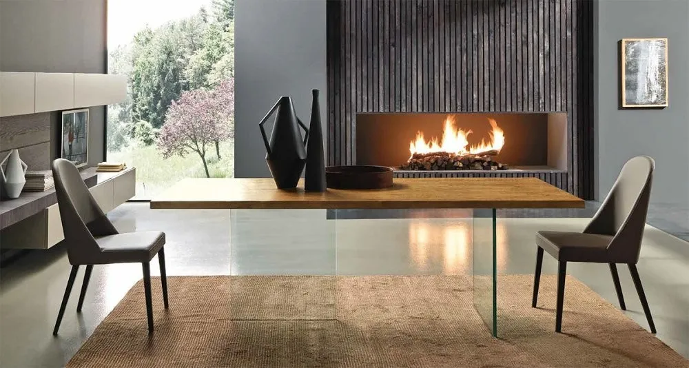 Fgf table GHOST - Table with solid Parawood or Knotted Oak top, transparent or bronze glass legs, fixed or extendable