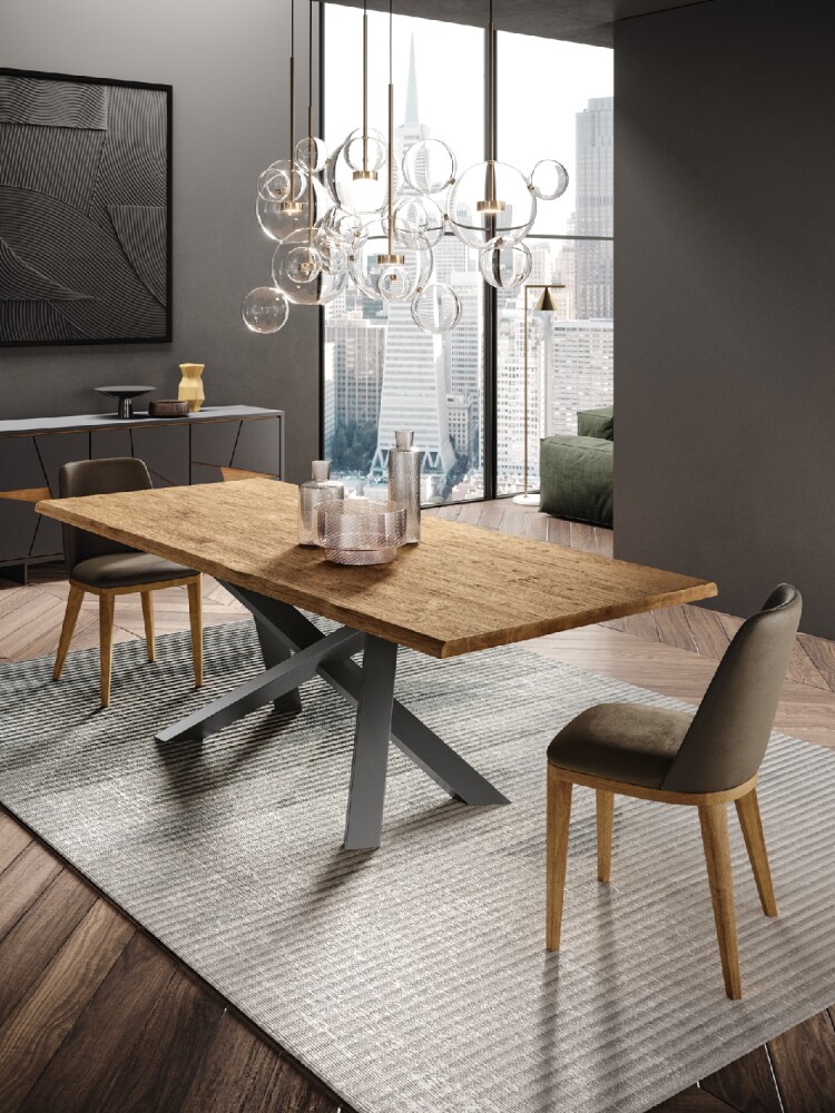 best-selling tables - CROSSING - Fixed or extendable table with metal frame, solid wood top, and extension with legs or bayonet