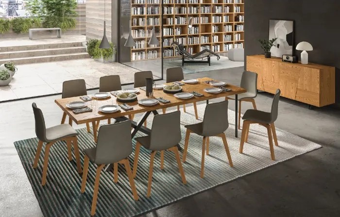 Fgf table CROSSING - Fixed or extendable table with metal frame, solid wood top and extension with legs or bayonet