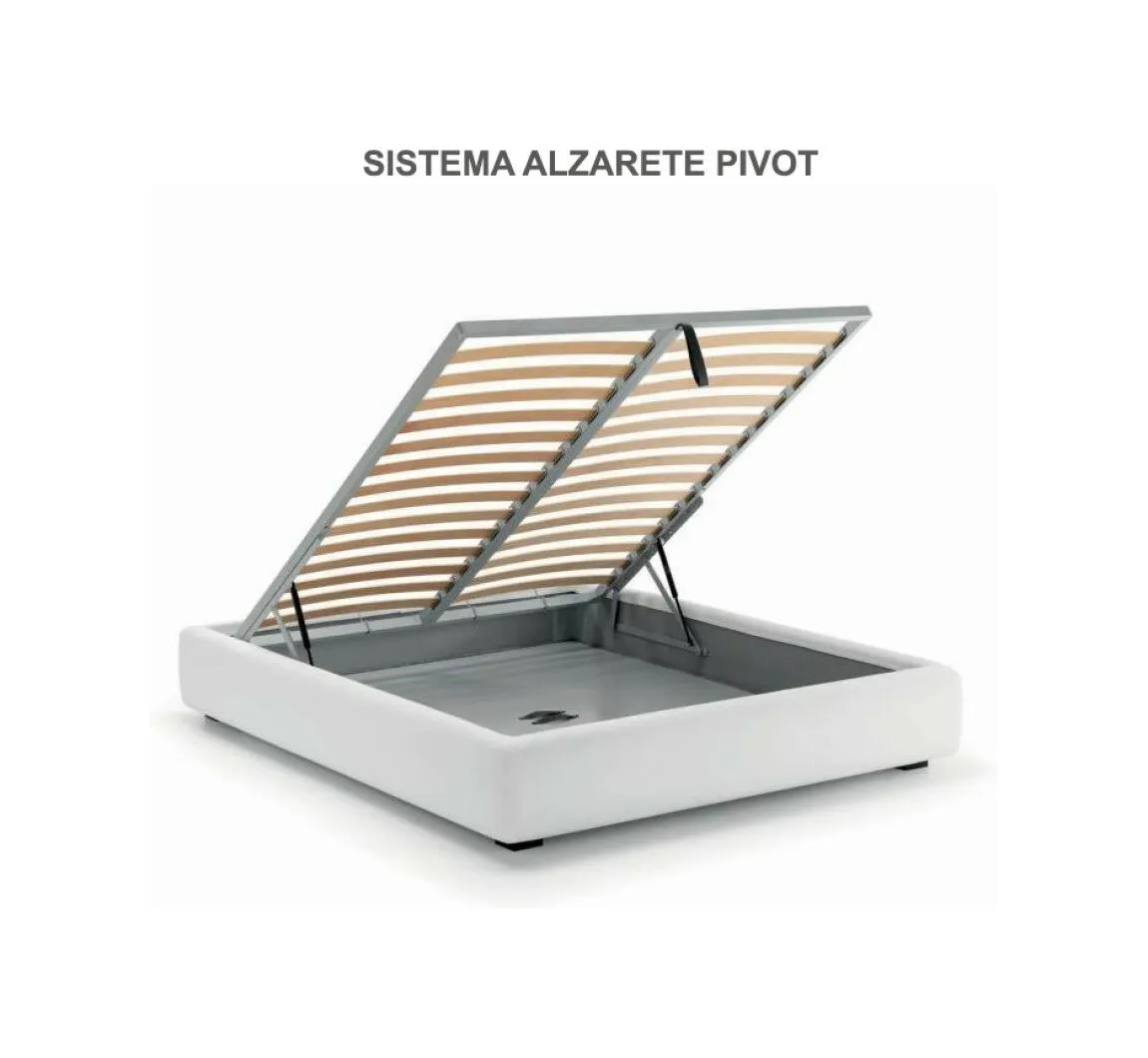 Letti salvaspazio - Letto imbottito sfoderabile Samoa FORM (compatto, giroletto h 25 cm) - Sistema alzarete Pivot, un meccanismo di apertura verticale che, tramite molle a gas e una pratica presa maniglia, permette di sollevare agevolmente rete e materasso, per accedere con facilità al vano contenitore.