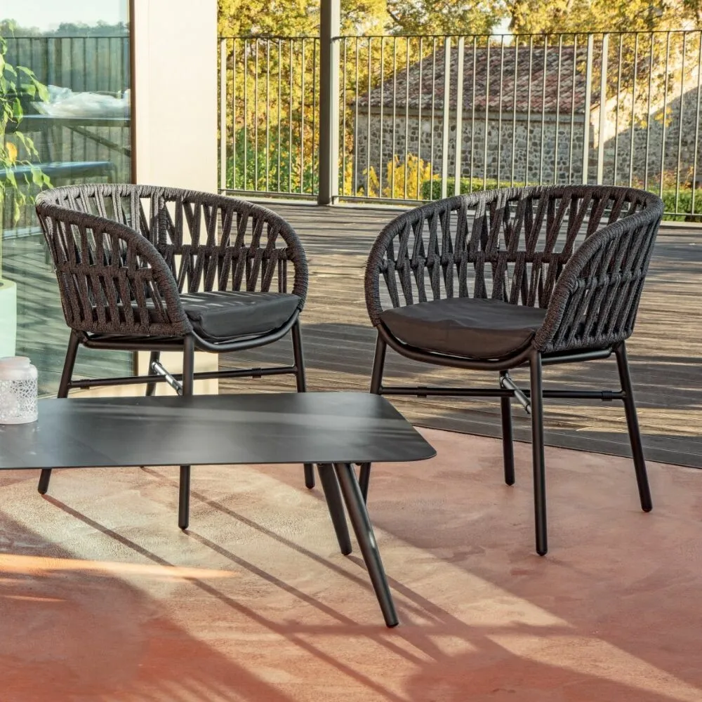 Two Grattoni TAHITI stackable armchairs, anthracite finish, set up