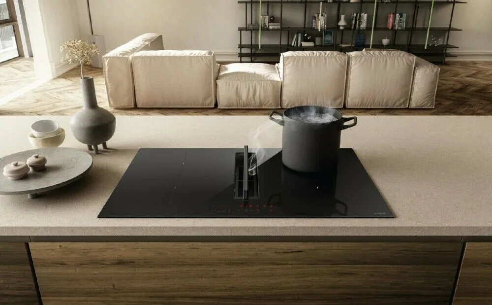 Induction hob with integrated Elica NIKOLATESLA FIT XL BL/A/83 extractor hood - 83 cm, built-in 75 x 49, maximum power 7200 W, invisible hood, central slider, can be used in both extractor and filter modes, flow rate 620 m³/h, 2 Bridge zones, silent, Autocapture function and much more! Immediate shipping.