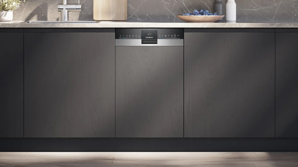 Best-selling dishwashers: Siemens SR53ES24KE Iq300 Partial integrated dishwasher cm. 45, 10 place settings, stainless steel/black front