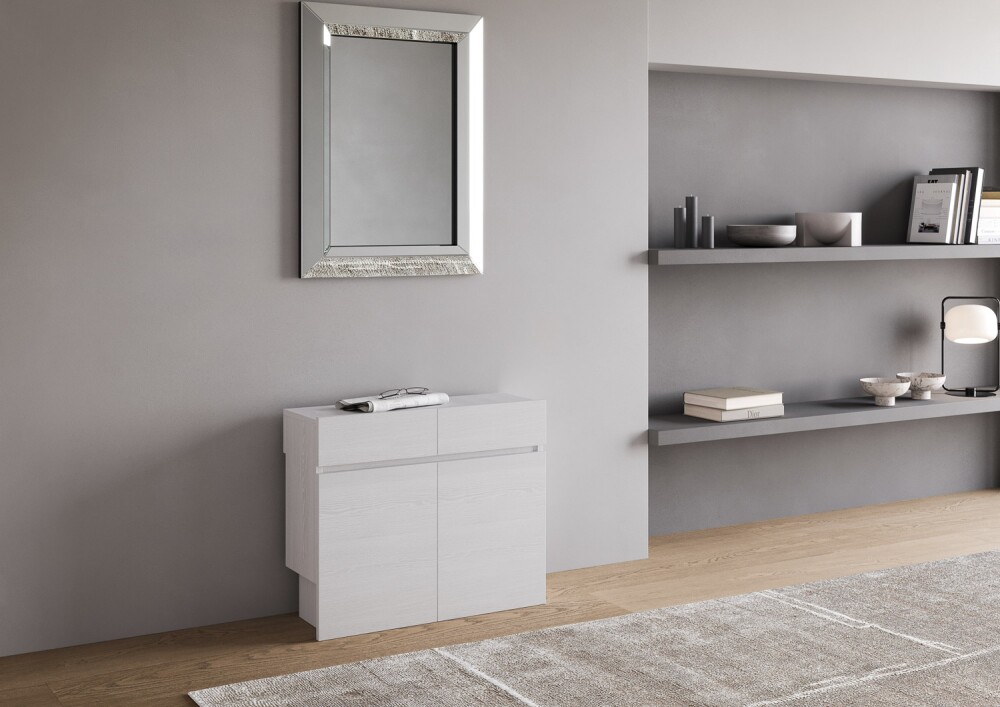 Evolve Itamoby - Consolle allungabile fino a 302 cm, due panche integrate, vano porta allunghe, ambientata chiusa, bianca