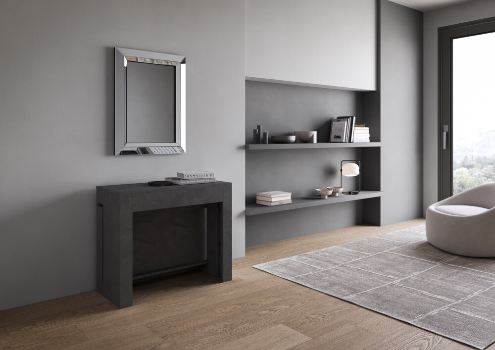 Evolve Itamoby - Consolle allungabile fino a 302 cm, due panche integrate, vano porta allunghe, ambientata chiusa, antracite