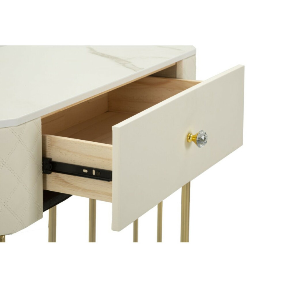 Tavolo consolle fissa SHARON Mauro Ferretti - 100 x 40 cm con struttura in metallo dorato e ecopelle bianca e piano in simil marmo, dettaglio cassetto