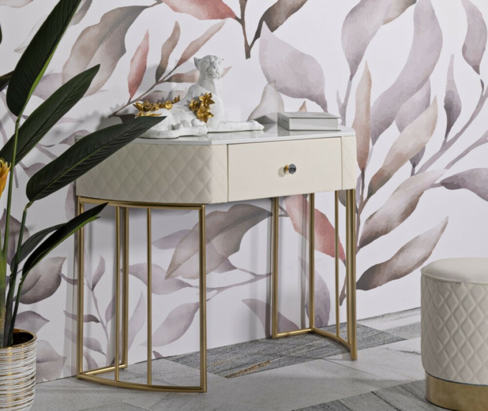 Sharon Mauro Ferretti Fixed console 100 x 40 cm with gold metal frame and white eco-leather and marble-like top