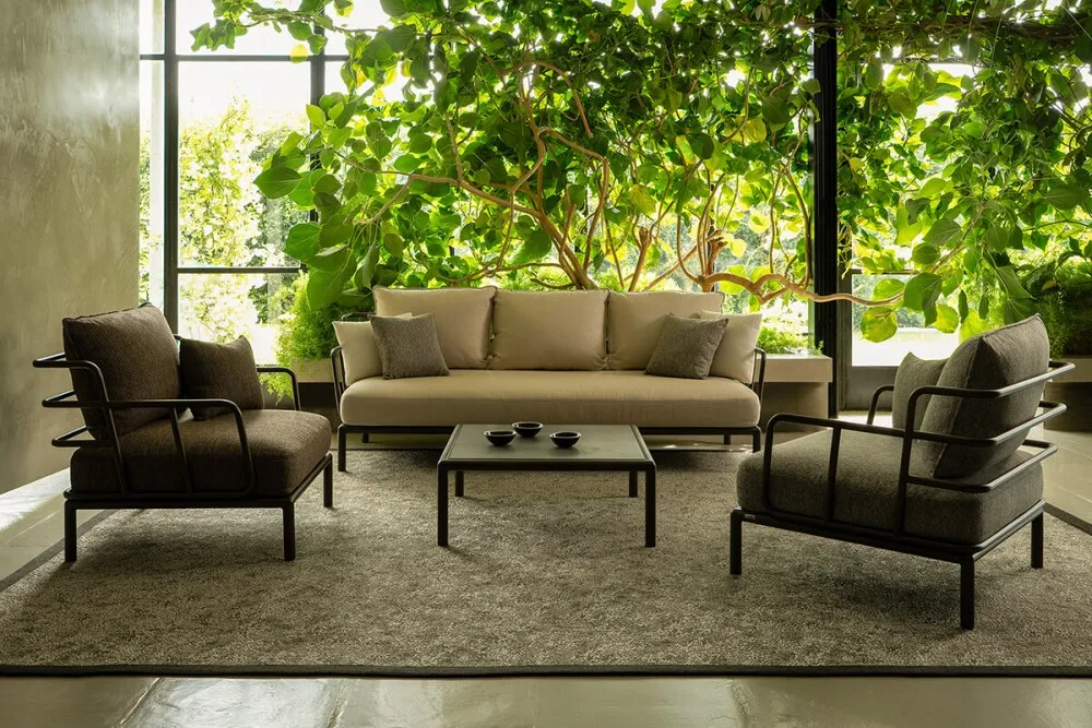 emu garden furniture - Emu SAINT MARTIN Living Room Set - 3-seater sofa, 2 armchairs, 1 coffee table with painted steel frame, padded cushions in outdoor fabrics, removable tubular armrests/backrests