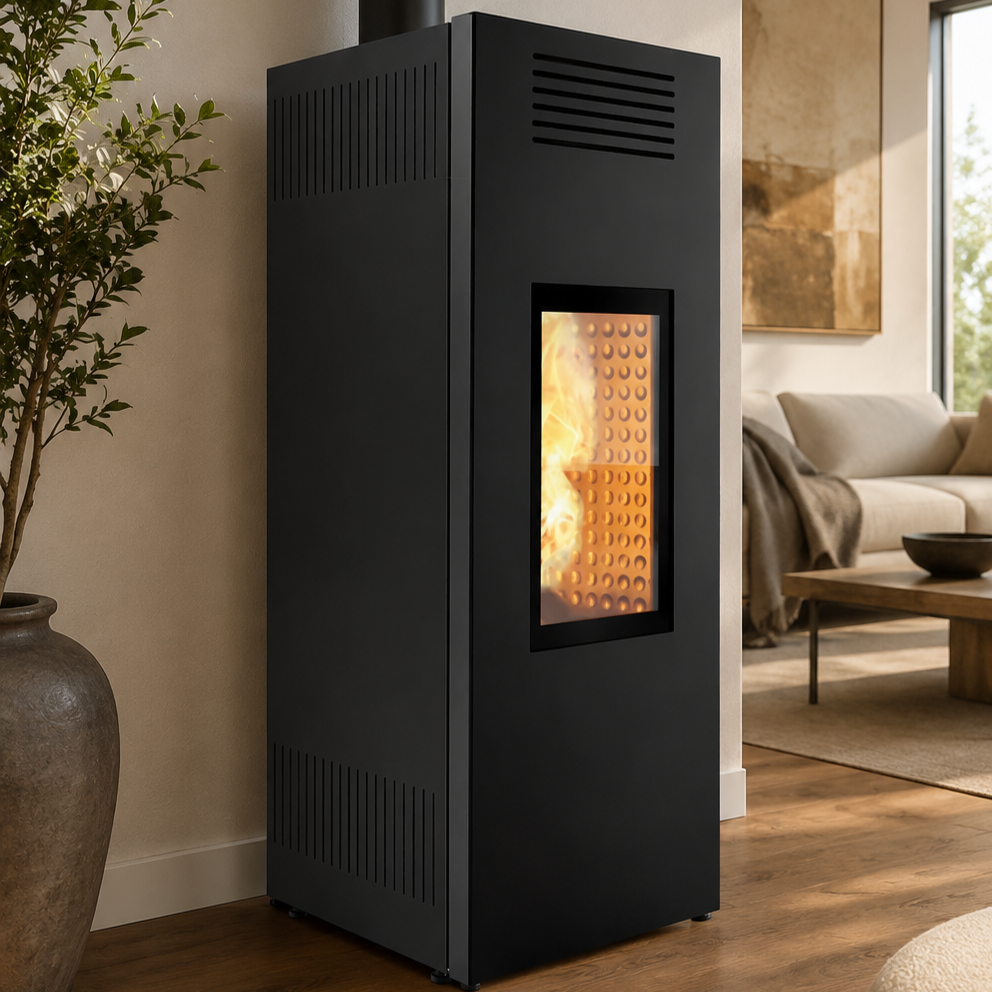 Stufa a legna ad aria calda ventilata Caminetti Montegrappa LH11V NOIR XW nera, dal design moderno, ambientata in un soggiorno contemporaneo.